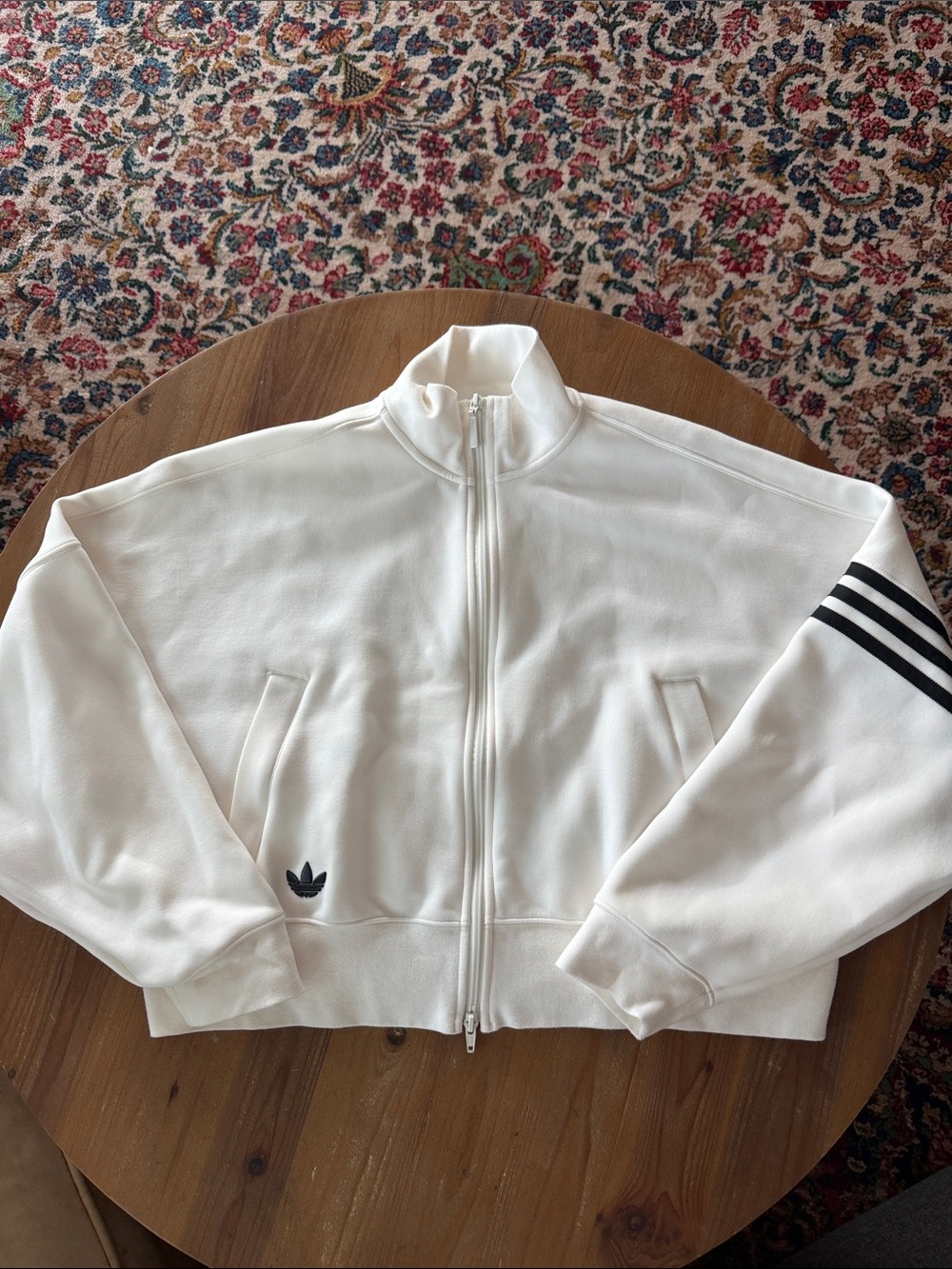 adidas Off-White Full-Zip Cropped Track Jacket with Black Stripes